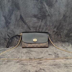 Coach Black and Brown Crossbody Bag with Gold Chain